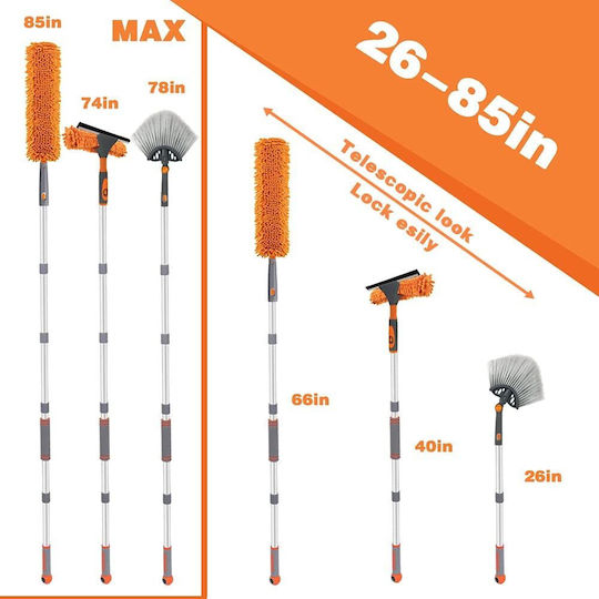 Racletă Pentru Geamuri Mâner Telescopic Lavetă Din Microfibră 3 Capete Interșanjabile Curățare Geamuri Locuri Dificil De Atins