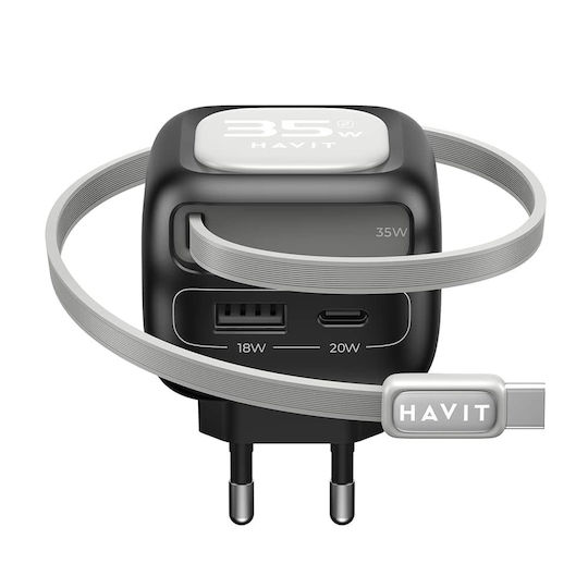 Havit Φορτιστής GaN με Θύρα USB-A και Θύρα USB-C και Καλώδιο USB-C 35W Μαύρος (UC251)