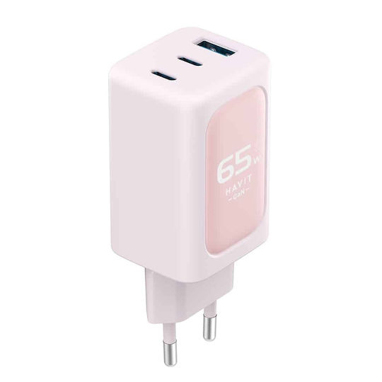 Havit Зарядно без кабел с USB-A порт и 2 USB-C порта 65W Розов (UC260)