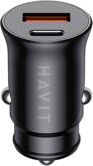 Havit Havit Auto Ladegerät 20W 3A mit Anschlüssen: 1xUSB-A 1xTyp-C zusammen mit Kabeltyp Typ-C Schwarz Farbe