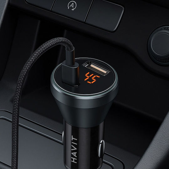 Havit Havit Auto Ladegerät 45W 3A Schnellladen mit Anschlüssen: 1xUSB-A 1xType-C zusammen mit Kabeltyp Type-C Schwarz Farbe