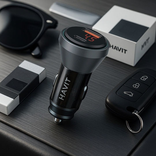 Havit Havit Auto Ladegerät 45W 3A Schnellladen mit Anschlüssen: 1xUSB-A 1xType-C zusammen mit Kabeltyp Type-C Schwarz Farbe
