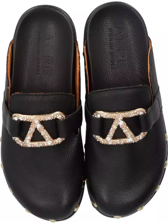 Leder Mules mit Absatz in Schwarz Farbe