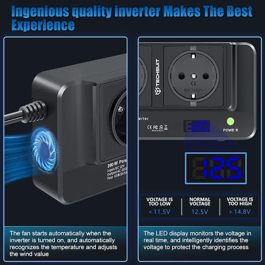 Techsuit Инвертор за кола 200W за преобразуване на 12V DC в 220V AC с 3xUSB