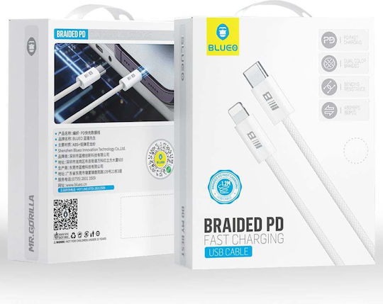 Blueo Braided USB-C to Lightning Cable 60W Λευκό 2m