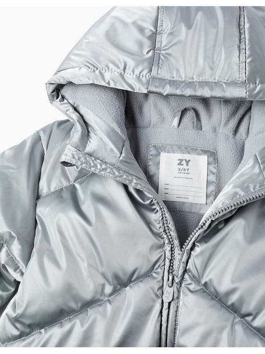 Kids Quilted Short Coat with Lining and Hood Silver