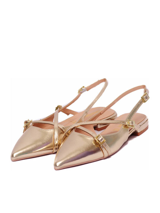 Leather Pointy Slingback Ballerinas With strap Gold