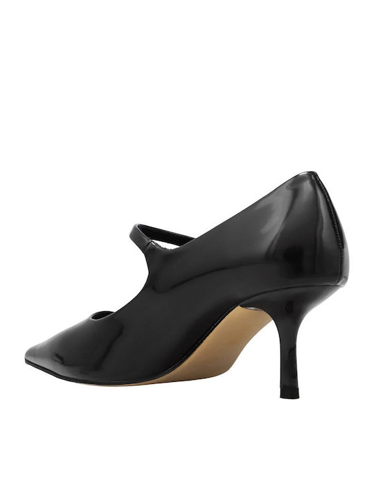Synthetic Leather Black Medium Heels with Strap