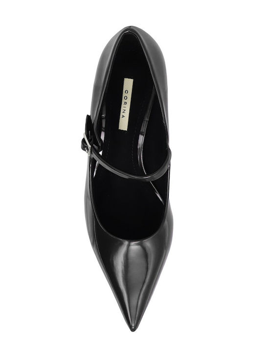 Synthetic Leather Black Medium Heels with Strap