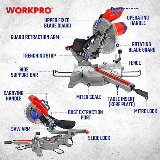WorkPro Fierăstrău Cu Tăietor De Unghi La Rețea 1800W Glisant Diametru 255mm