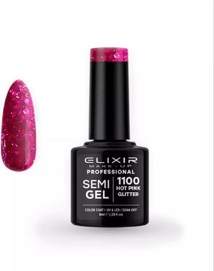 Elixir Semi Gel Ημιμόνιμο Βερνίκι Νυχιών 1100 Hot Pink Glitter με Glitter 8ml