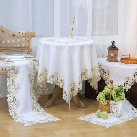 Pls-tb0306 Ecru Λινό Κέντημα Μεταξωτή Δαντέλα 60%linen 40%pol 128×128 Liolios Home