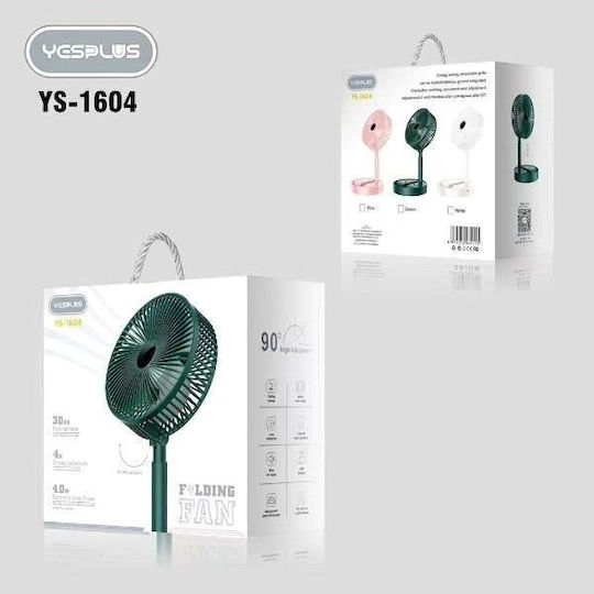 Yesplus Ys-1604 Rechargeable Fan Office Table 360 Rotating Folding Pink
