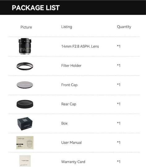 TTArtisan Full Frame Camera Lens 14mm f/2.8 ASPH Fixed for Leica L Mount Black