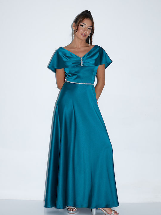 Maxi Evening Dress Satin Open Back Petrol Blue