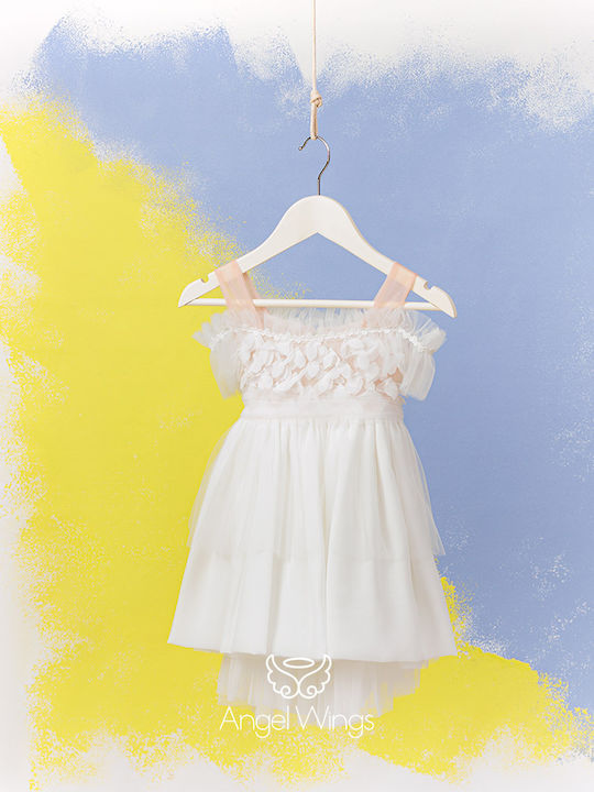 Angel Wings Ecru Baptism Clothes Set with Hair Accessories and Tulle Dress 2 Pieces