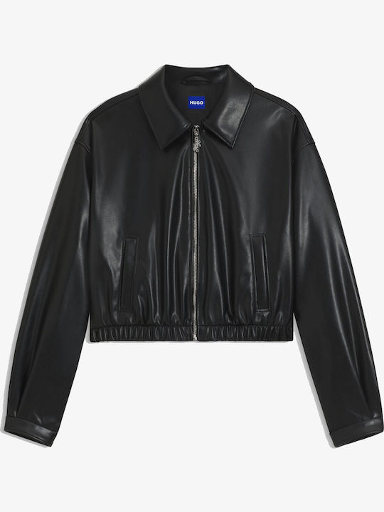 Autene1 Women's Crop Biker Artificial Leather Jacket for Winter Black