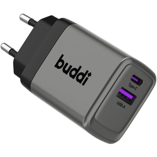 Buddi GaN с USB-A порт и USB-C порт 45W Power Delivery Сив