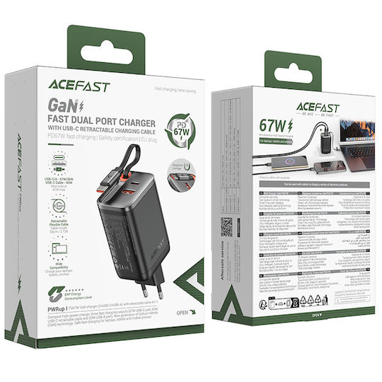 Acefast Φορτιστής GaN με Θύρα USB-A και Θύρα USB-C και Καλώδιο USB-C 67W Power Delivery / Quick Charge 3.0 Μαύρος (A111)
