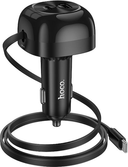 Hoco NZ15 Autoladegerät 60W 2.4A Schnellladen mit Anschlüssen: 1xUSB-A 1xType-C mit Eingebettet Kabel Typ-C Schwarz Farbe