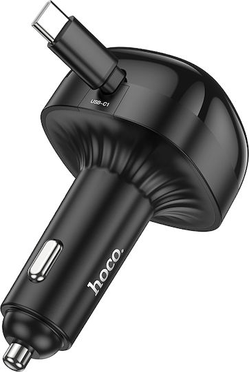 Hoco NZ15 Autoladegerät 60W 2.4A Schnellladen mit Anschlüssen: 1xUSB-A 1xType-C mit Eingebettet Kabel Typ-C Schwarz Farbe