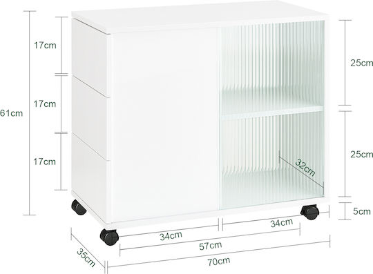 Rectangular Side Table Glass with Wheels White L75xW35xH61cm.