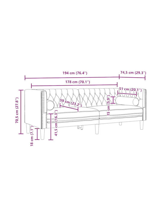 Dreisitzer Samt Sofa Hellgrau 194x74.5x70.5cm
