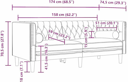 Τριθέσιος Καναπές Βελούδινος Μαύρο 174x74.5x70.5εκ.