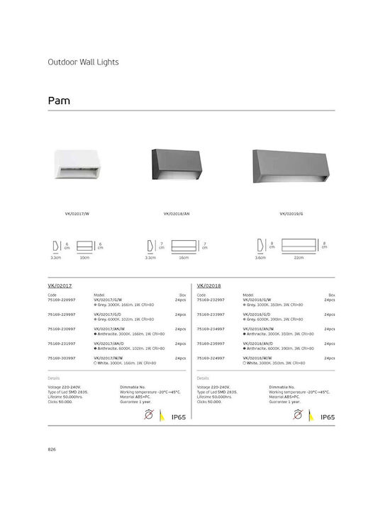 VK Lighting Wall-Mounted Outdoor Ceiling Light LED IP65 3W with Warm White Light 16x7x3.3εκ.