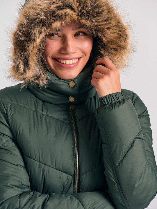 Women's Long Puffer Jacket for Winter with Hood Dark Green