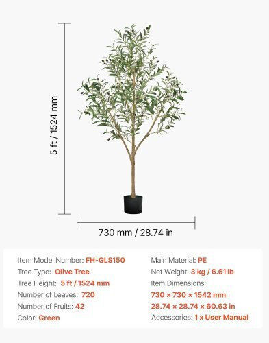 Vevor Tall Artificial Olive 150cm Potted Plant Home or Office Rzs5ftglsslx6a0m6001v0