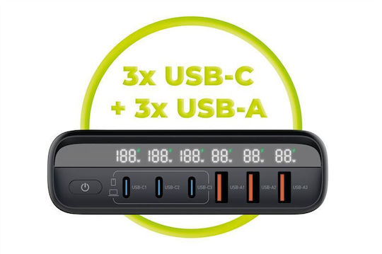 Mobile Origin Φορτιστής Χωρίς Καλώδιο GaN με 3 Θύρες USB-A και 3 Θύρες USB-C 140W Power Delivery Μαύρος