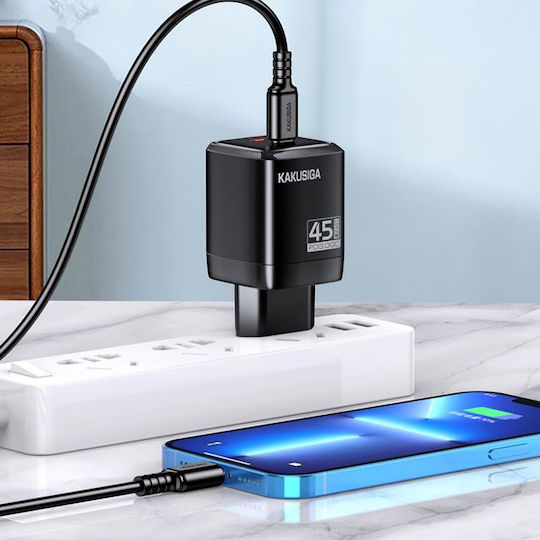 Kakusiga Φορτιστής με Θύρα USB-A και Θύρα USB-C και Καλώδιο USB-C - USB-C 45W Power Delivery / Quick Charge 3.0 Μαύρος (KSC-1607)