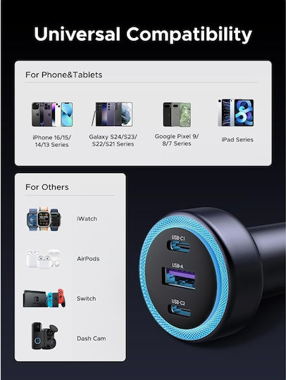 Ugreen EC307 Car Charger 30W 3A with Ports: 1xUSB 2xType-C