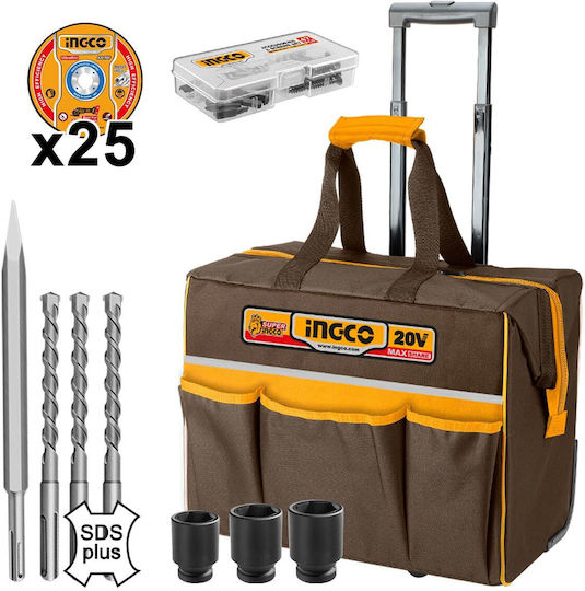 Ingco Set Angle Wheel & Impact Drill Driver & Impact Driver & Hammer & Lens Brushless 20V with 2 Batteries 4Ah and Case