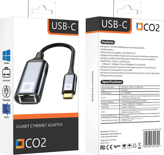 Конвертор USB-C / Ethernet мъжки към USB-C / Ethernet женски Сив 1бр CO2-0001