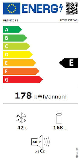 Princess Ψυγείο Δίπορτο 210lt Υ143xΠ55xΒ55εκ. Λευκό RDW275EPAR