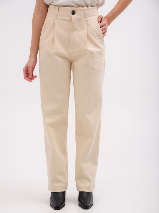 Damen Hoch tailliert Stoff Hose in Lockere Passform Beige
