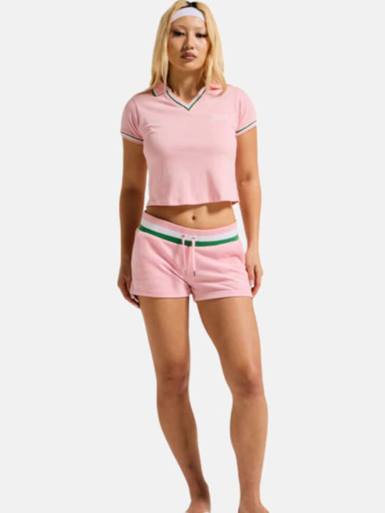 Damen Polo Bluse Kurzarm Gestreift Rosa