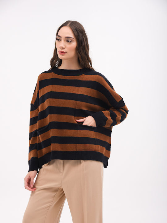 Women's Long Sleeve Sweater Woolen Striped Black/Brown