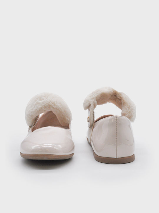 Kids Patent Leather Ballerinas with Hoop & Loop Closure Beige