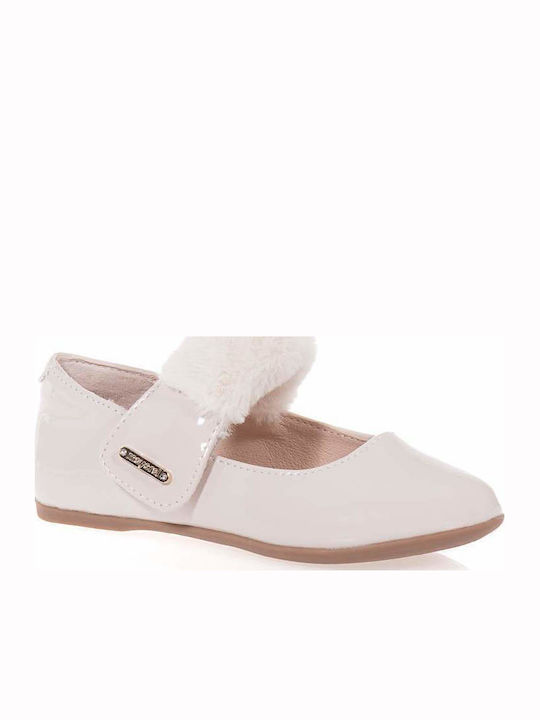 Kids Patent Leather Ballerinas with Hoop & Loop Closure Beige