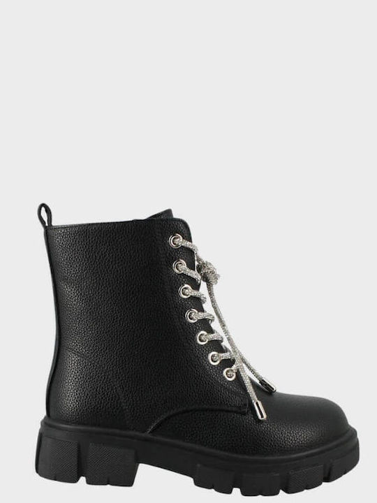 Lederne Kinderstiefel mit Schnürsenkeln Schwarz