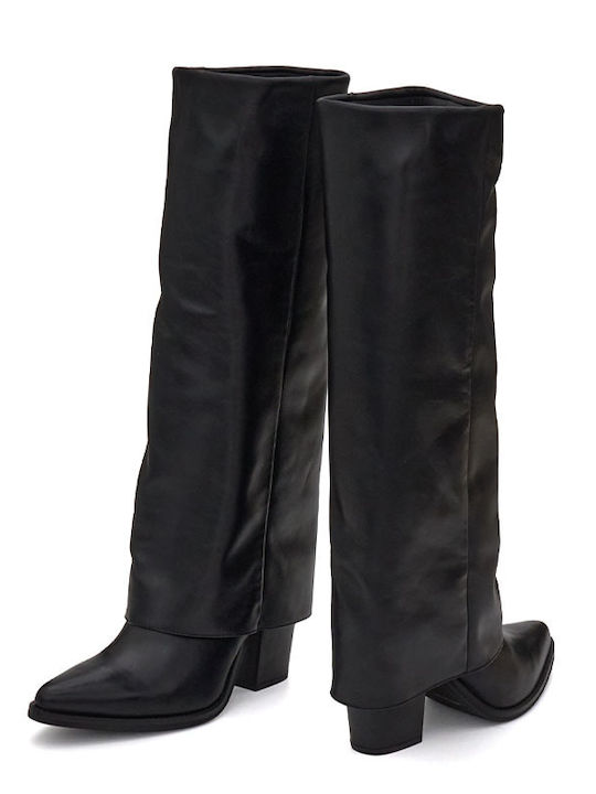 Leder Damenstiefel mit hohem Absatz Schwarz