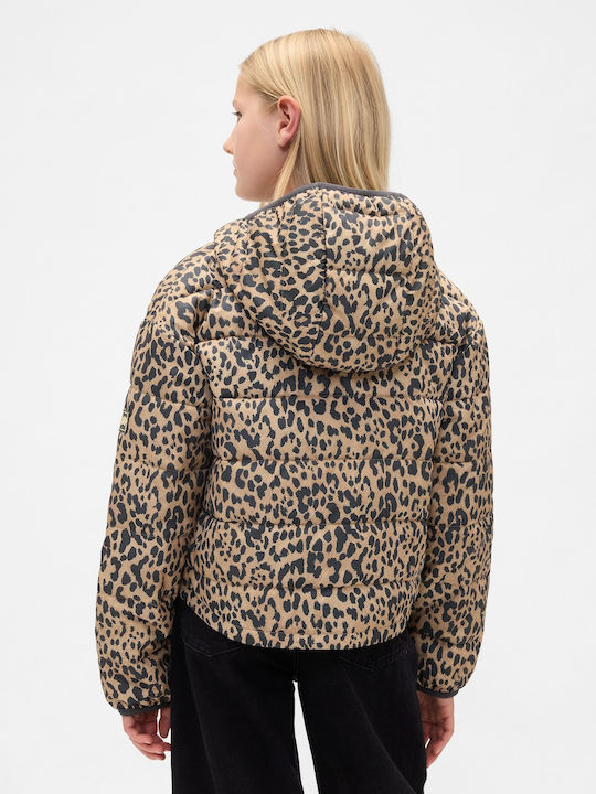 Waterproof Kids' Quilted Jacket Long with Hood Leopard