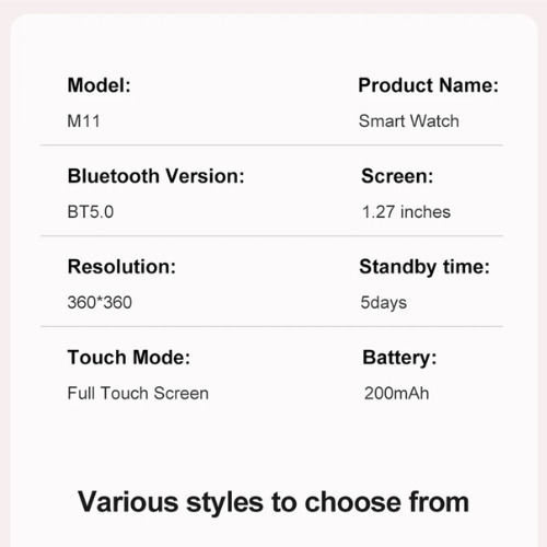 M11 Pink Smartwatch with Heart Rate Monitor (Pink)