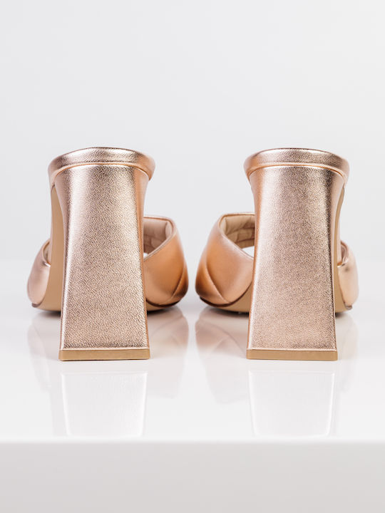 Leather Mules with Heel in Gold Color