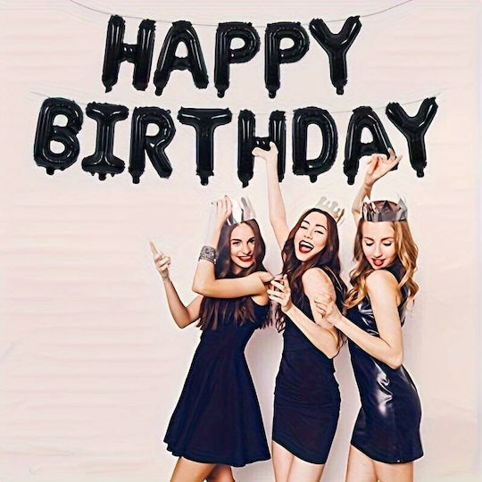 Set 25 Baloane Metalice Folie Latex Flippy 2 Figuri Stea 4 Baloane Confetti 13 Litere 6 Latex Design Happy Birthday Tematică Aniversări 40 Cm Ambalaj Individual Inclus Pai Umflare Aer Heliu Negru