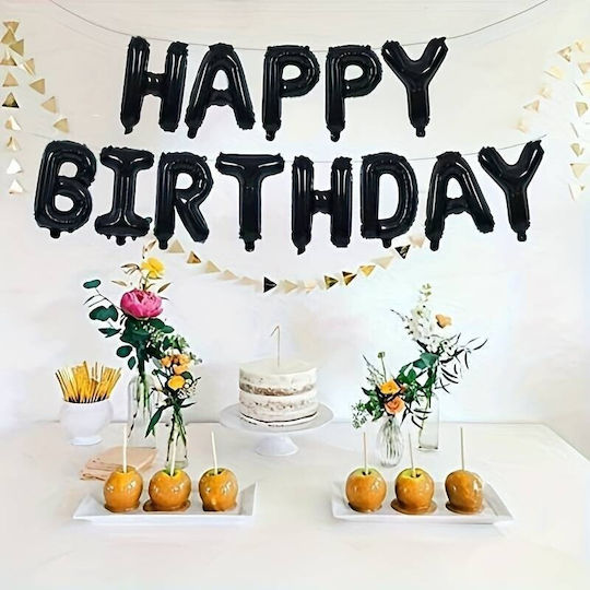 Set 25 Baloane Metalice Folie Latex Flippy 2 Figuri Stea 4 Baloane Confetti 13 Litere 6 Latex Design Happy Birthday Tematică Aniversări 40 Cm Ambalaj Individual Inclus Pai Umflare Aer Heliu Negru
