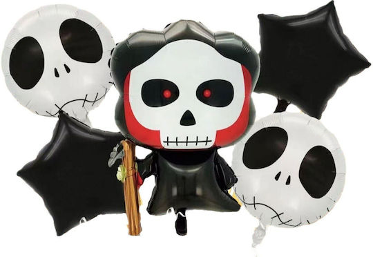 Set 5 Baloane Metalice Folie Figuri Flippy Tematică Halloween Cu Pai Inclus Ambalaj Individual Umflare Aer Heliu Figură Craniu 50,5x74 Cm Stele Cercuri 45 Cm Negru Alb
